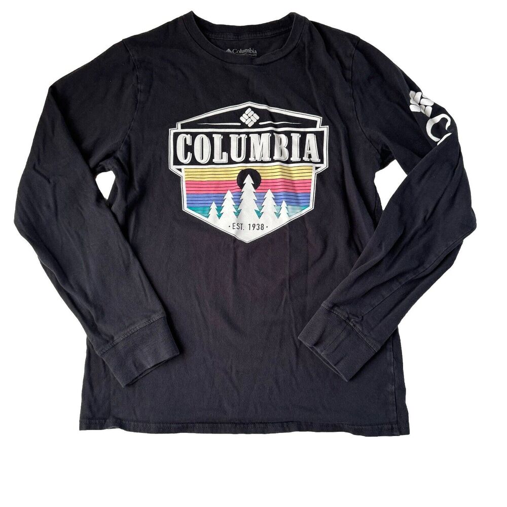 Columbia shirt mens black logo trees long sleeve outdoors cotton Small